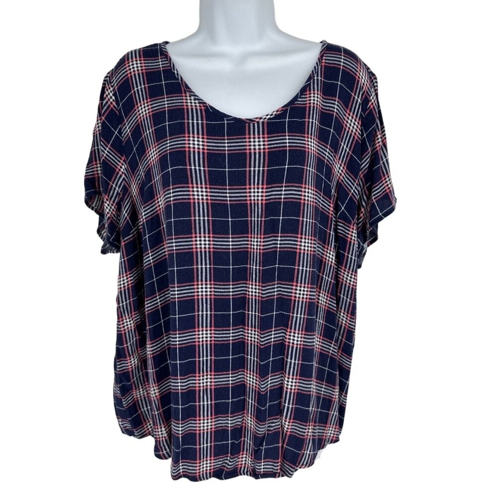 Torrid Blue Pink Plaid Short Sleeve V-Neck Button Back Blouse Shirt Size 2X